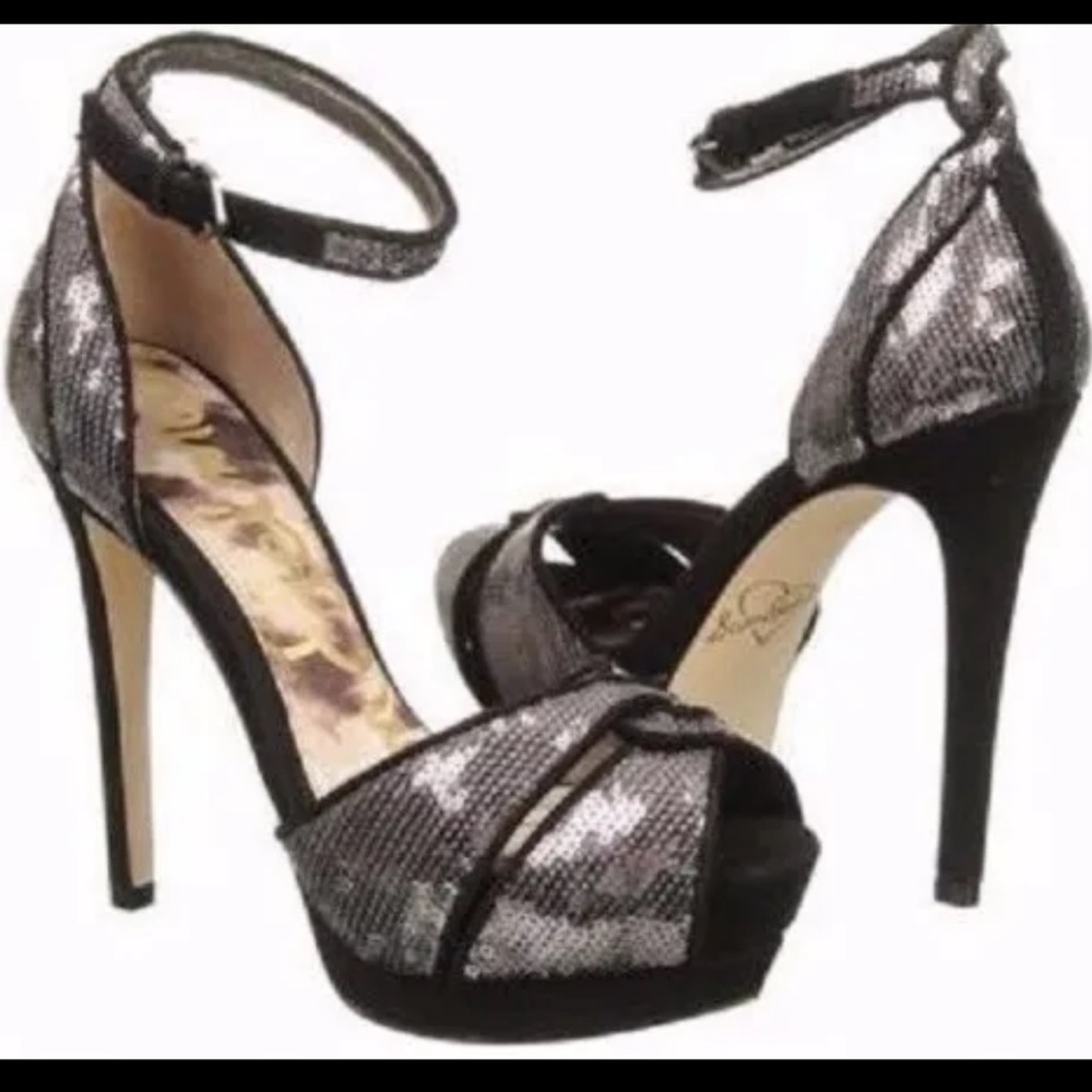 Sam Edelman Paisley sequin ankle strap heels open toe silver black sandals 6 1/2